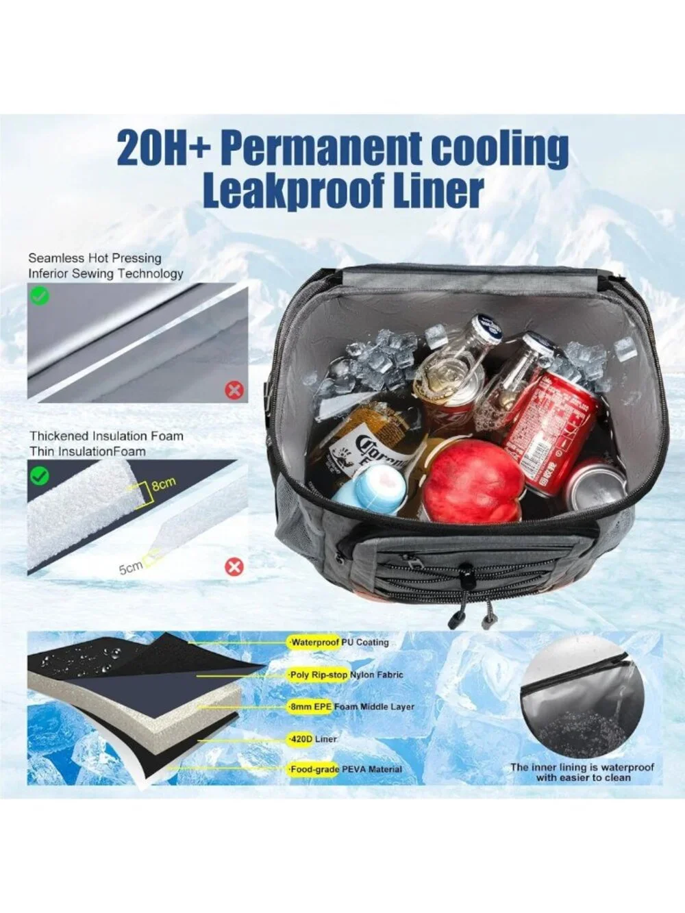 Insulated Backpack Cooler, Leakproof Soft Cooler for Camping & Hiking Adventures